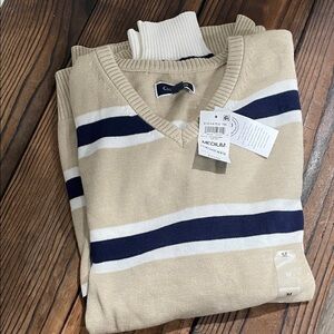 NWT Club Room Beige V-Neck Sweater with Navy and White Stripes